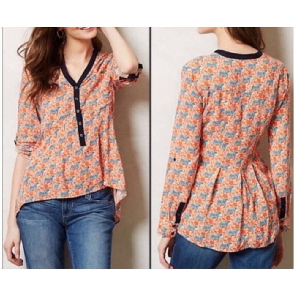 Anthropologie Top Women's 4 Vanessa Virginia Honore Tiger Popover Blouse